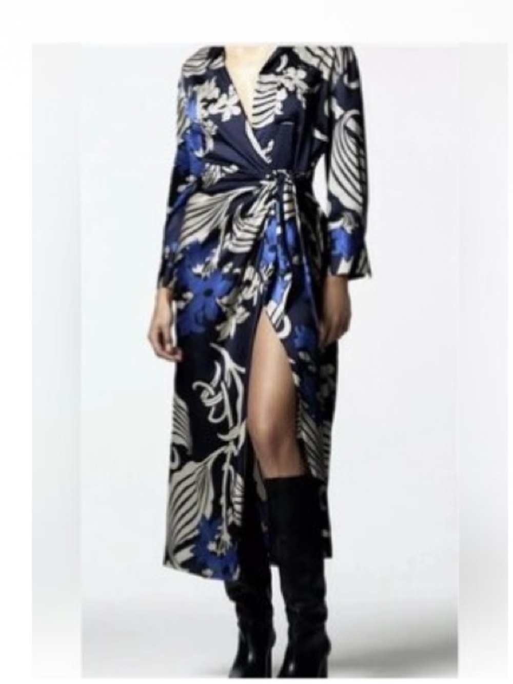 Zara Navy Blue Floral Wrap Midi Dress